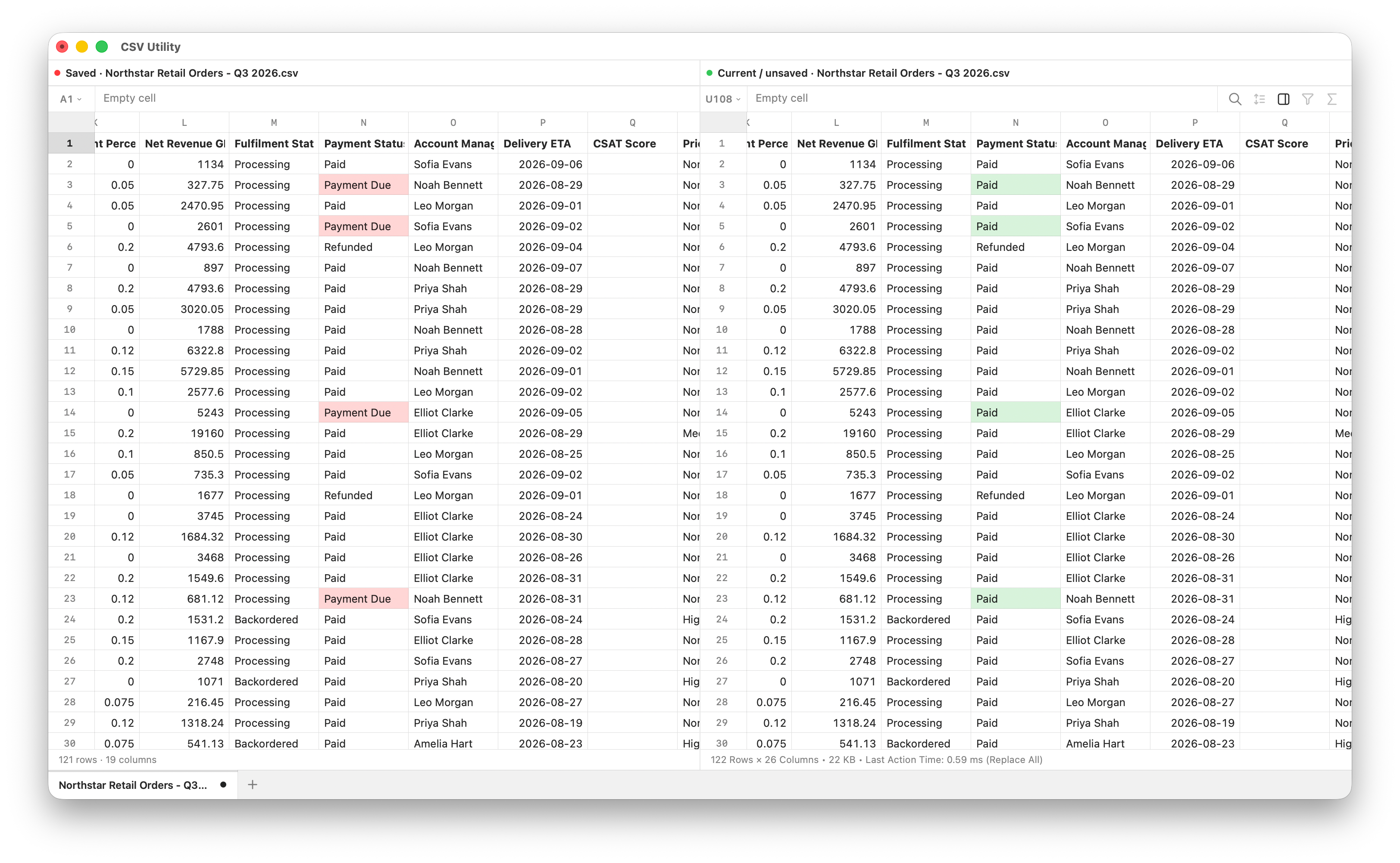 CSVUtility Diff View comparing saved and current spreadsheet versions side by side
