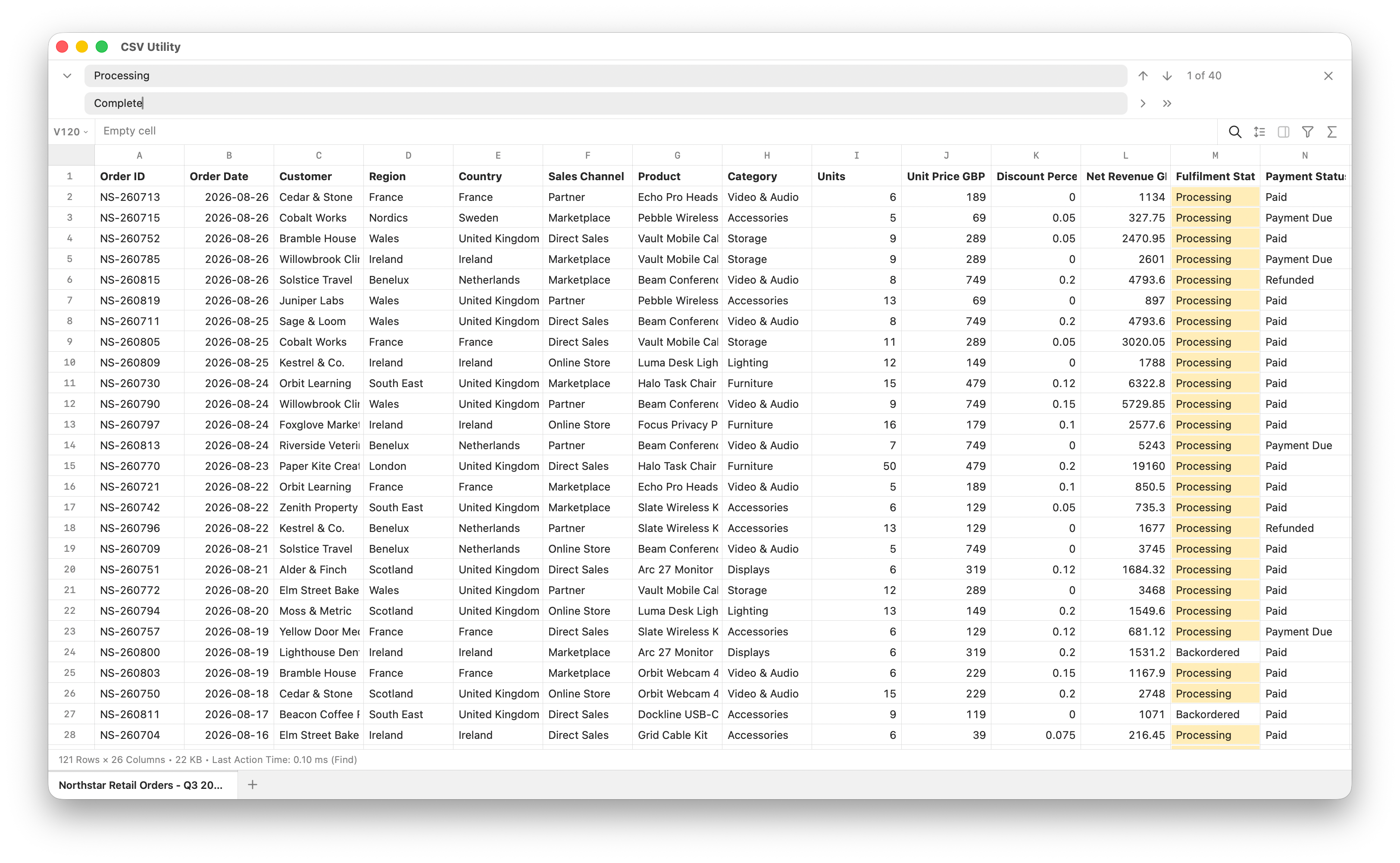 CSVUtility Find and Replace highlighting Processing cells in a large CSV spreadsheet