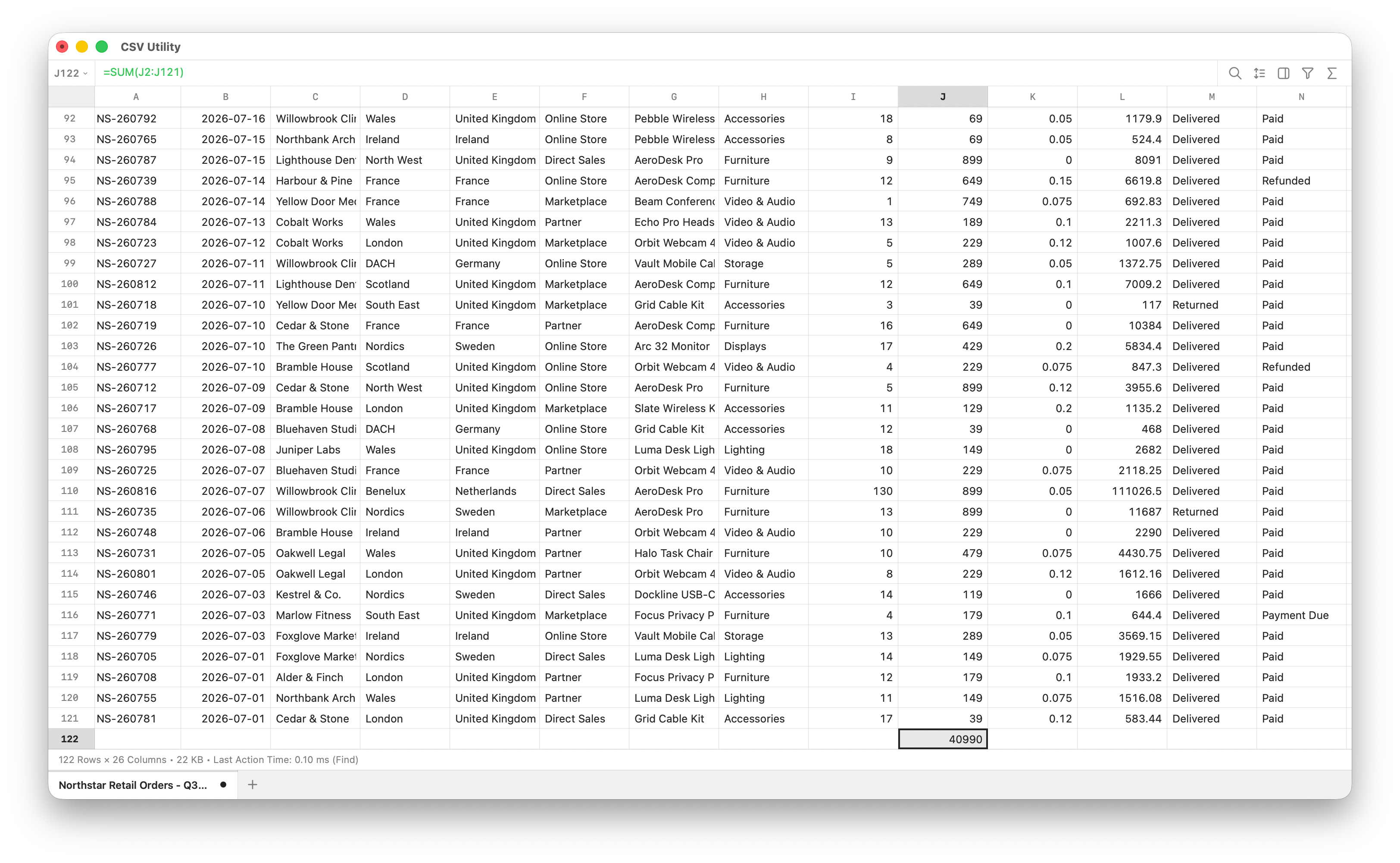 CSVUtility Functions showing a SUM formula across a revenue column