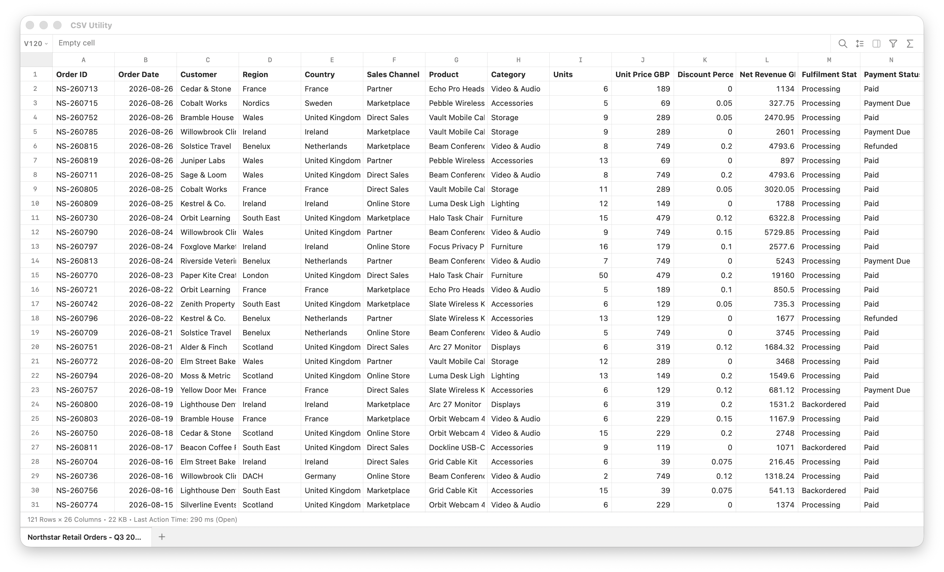 CSVUtility native Mac CSV editor showing a large retail orders spreadsheet